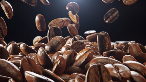 咖啡豆特写细节镜头在黑色背景上掉落，3D渲染。图片下载