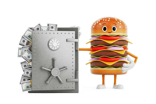 卡通风格的美味汉堡图标，人物角色吉祥物与装满美元钞票的保险箱。3D渲染。图片下载