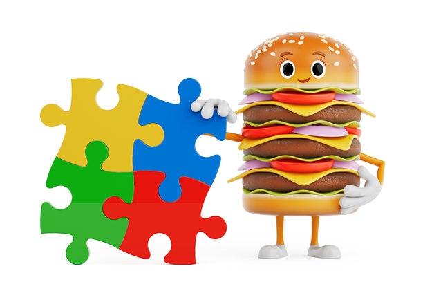 卡通美味汉堡图标人物吉祥物与四块彩色拼图.3D渲染图片下载