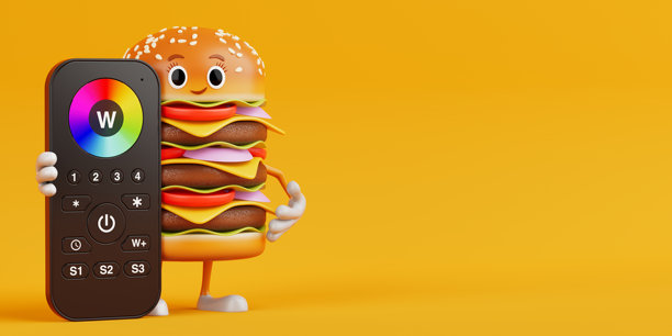 卡通美味汉堡图标人物吉祥物与红外遥控RGB灯条.3D渲染图片下载