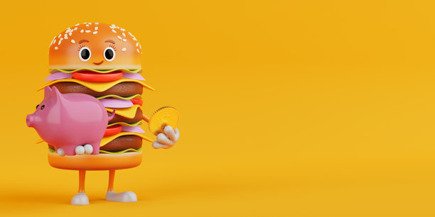卡通风格的美味汉堡图标，人物角色吉祥物与储蓄罐和金色美元硬币。3D渲染。图片下载