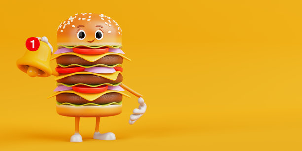 卡通风格的美味汉堡图标，人物角色吉祥物，配有卡通社交媒体通知铃和新消息图标。3D渲染。图片下载