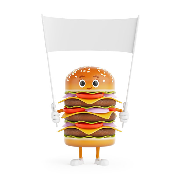 卡通风格的美味汉堡图标，人物角色吉祥物和空白白色横幅，留有设计空间。3D渲染。图片下载