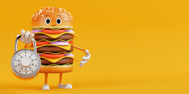 卡通风格的美味汉堡图标，人物角色吉祥物与银色组合锁。3D渲染。图片下载