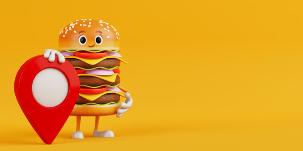 卡通风格的美味汉堡图标，人物角色吉祥物配有红色目标地图指针。3D渲染。图片下载