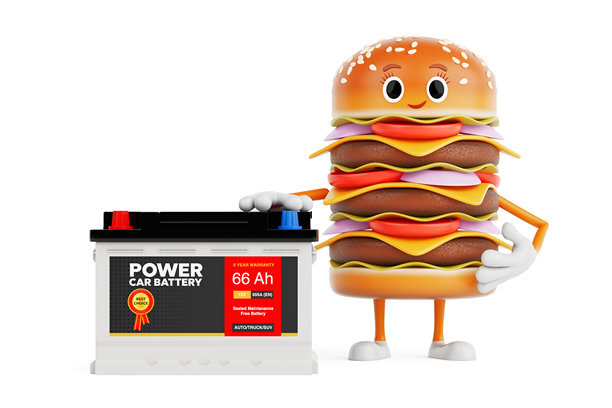 卡通风格的美味汉堡图标人物角色吉祥物和可充电汽车电池12V蓄电池，带有抽象标签。3D渲染。图片下载