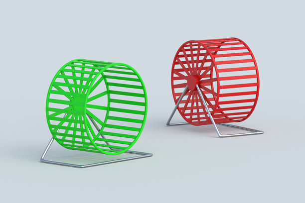 两只轮子适合仓鼠、老鼠或其他啮齿动物，背景为浅灰色。宠物配件。3D渲染。图片下载