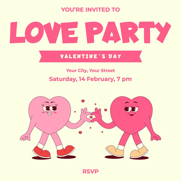 情人节派对邀请函。可爱迷人的情侣心形角色，复古时尚风格。情人节，2月14日。带文字的矢量插图。图片下载