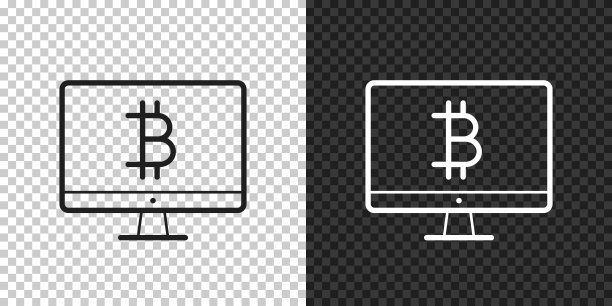 带有比特币标志的台式电脑。用于设计的图标，背景为空白。图片下载
