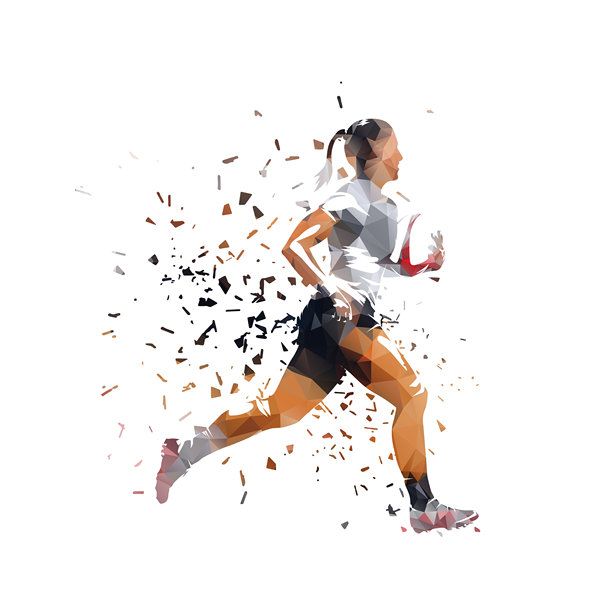 女子橄榄球，女橄榄球运动员带球跑动，低多边形矢量插画图片下载