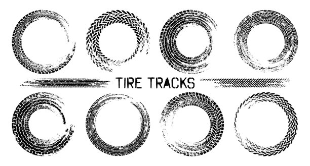 轮胎痕迹，车轮制动印记。卡车、汽车或摩托车胎面花纹剪影。汽车比赛、赛车运动、竞速设计元素。矢量素材图片下载