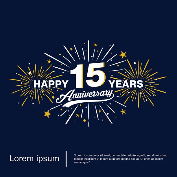 15周年纪念庆祝标志。带有烟花、闪光、星星和星光的快乐周年纪念logo。适用于网页、传单、海报、邀请卡和贺卡的矢量插图模板。图片下载