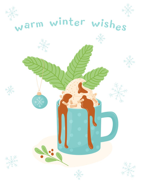 温暖的冬季祝福。贺卡上有可可和棉花糖的图片，热巧克力。图片下载