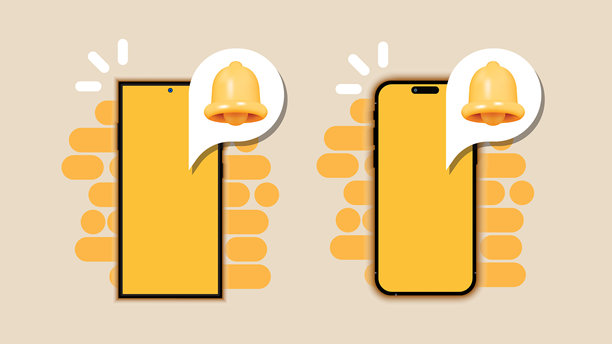 带黄色铃铛图标的智能手机通知。手机新通知矢量图和提醒消息标志。矢量图图片下载