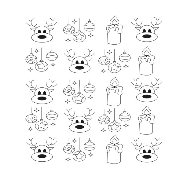 节日主题的涂色页，包含驯鹿、装饰品和蜡烛，激发节日创意图片下载
