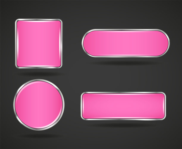 亮粉色银框网站按钮集。圆形方形光泽框架图片下载