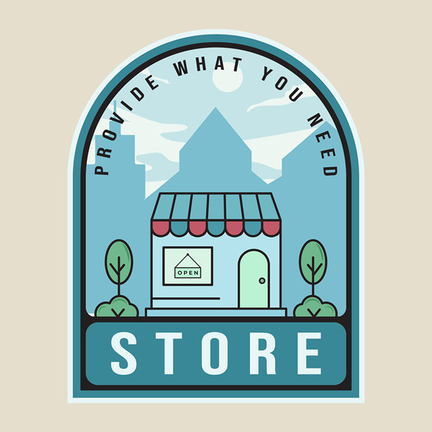 咖啡店标志线条彩色矢量图，店铺建筑标志或咖啡馆商业符号，徽章风格概念排版图片下载