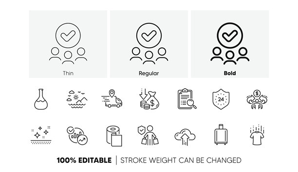 统计、买方保险和批准的组线图标。用于网页应用程序、印刷。线图标。矢量。图片下载