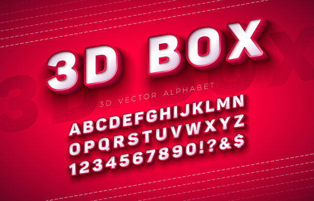 红色背景上具有框架和阴影的3D盒字母字体集矢量素材。带有ABC、数字和特殊字符的现代字体设计系列，用于横幅、海报或邀请函。分离的字符。图片下载