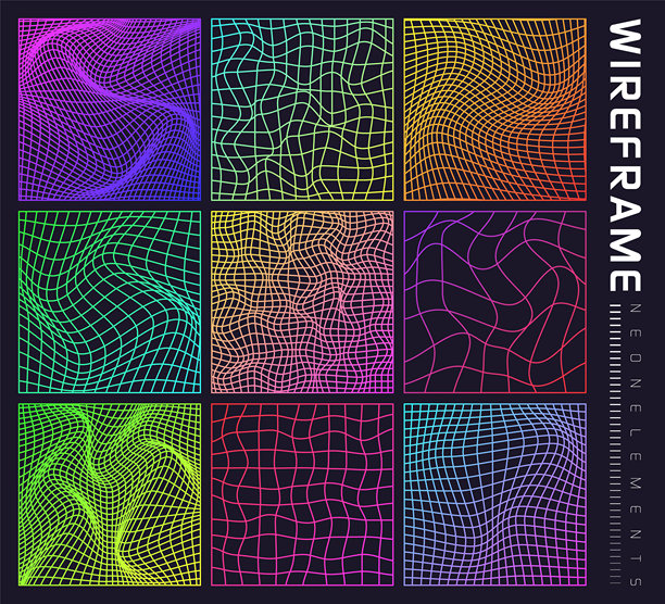 彩色线框，透视网格，3D网格矢量素材图片下载