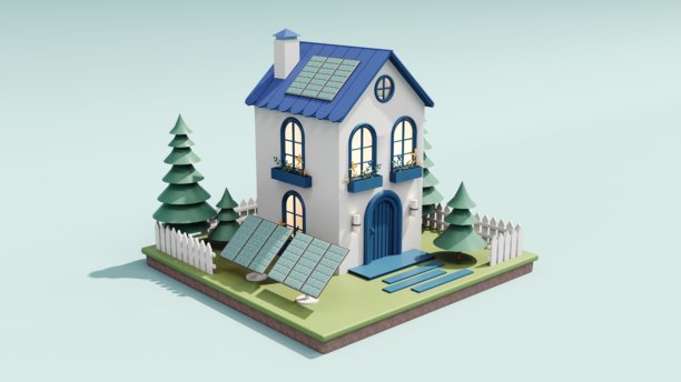 3D渲染：带太阳能电池板和风力涡轮机的温馨生态小屋图片下载