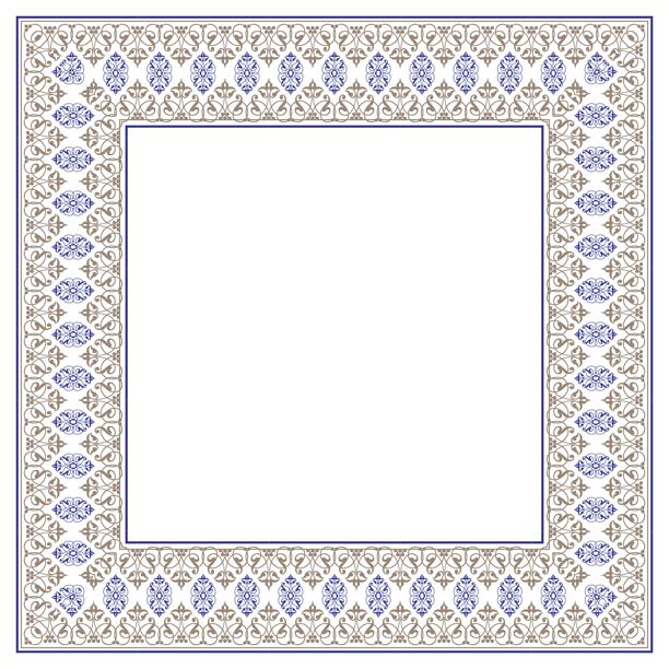 精美的方形阿拉伯花饰，金色蓝色花卉图案，婚礼请柬装饰元素，传统纺织刺绣方格装饰图片下载