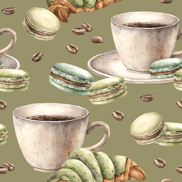 带有香气咖啡的陶瓷杯、开心果马卡龙、法式可颂与烘焙咖啡豆。绿色背景上的水彩无缝图案，适用于商店、咖啡馆、横幅和明信片的设计。图片下载