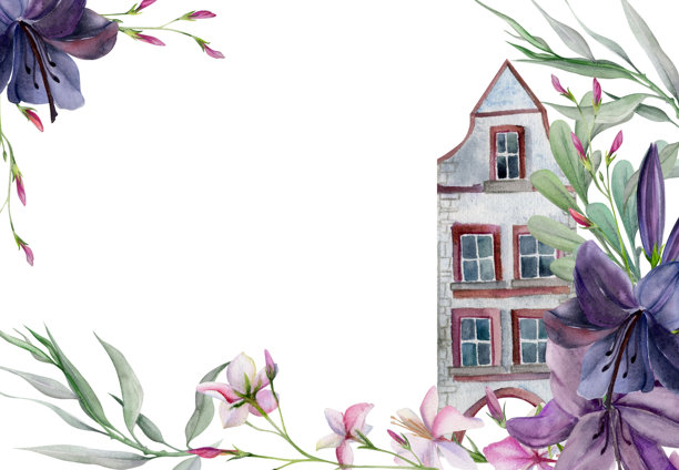 古老的欧洲城市街道，房屋外立面，百合、柳树和茉莉花。历史悠久的城市风景建筑。水彩手绘边框。旅游商店，纪念品，旅行手册，房地产。图片下载