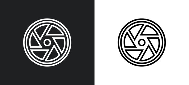 黑白色的相机镜头轮廓图标。来自电影系列的相机镜头平面矢量图标，适用于网页、移动应用和用户界面。图片下载