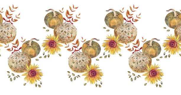 无缝边框，背景为白色，水彩风格的自制南瓜面包，顶部撒有种子和向日葵。全谷物面包卷，适合健康早餐。适合食谱的食物边框。壁纸或包装设计。图片下载