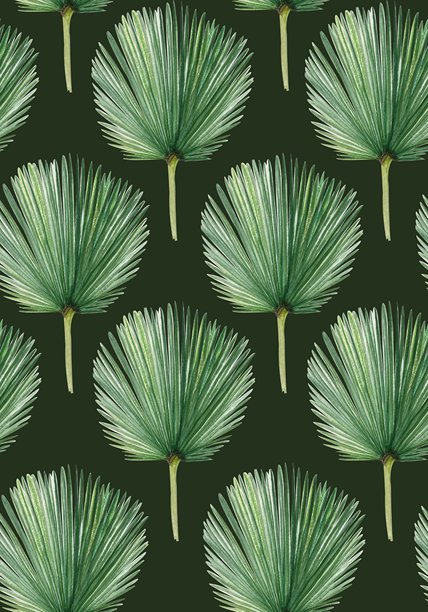手绘水彩棕榈叶无缝图案，深绿色背景。图片下载