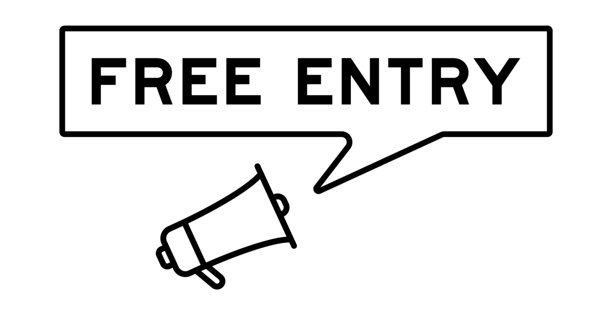 白色背景上的带有演讲气泡的扩音器图标，文字为“免费入场”图片下载