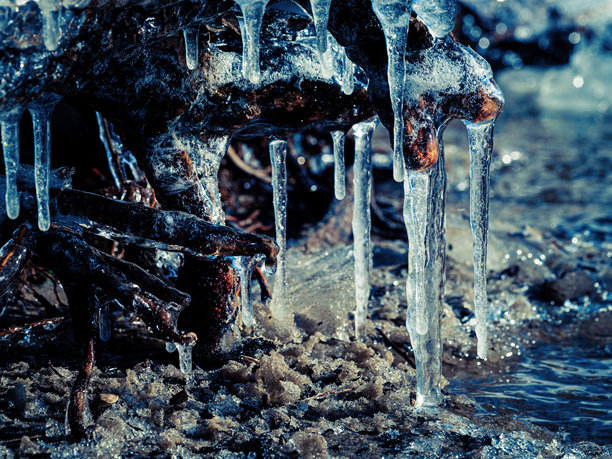 融化的冰块和冰柱躺在海岸上图片下载