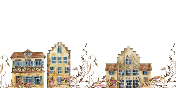 古老的欧洲城市街道，房屋外立面，干枯的藤蔓和浆果。历史悠久的城市风景建筑。水彩手绘无缝横幅。旅游商店，纪念品，旅行手册，建筑事务所。图片下载