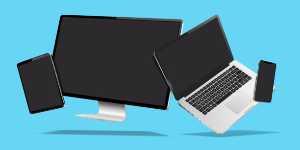 现代电脑屏幕、笔记本电脑、智能手机和平板电脑的模型。数字设备在蓝色背景上悬浮，带有阴影。图片下载
