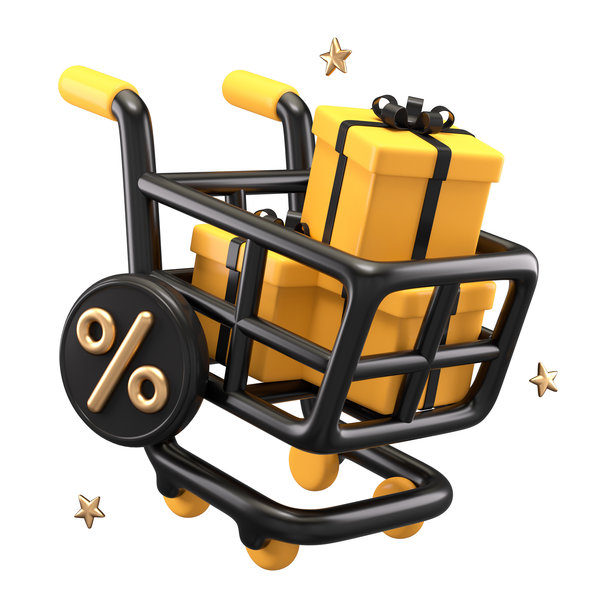 带有礼物图标的购物车，背景为白色，配有黑色星期五超级促销的百分比符号，特别优惠公告和折扣的3D插图图片下载