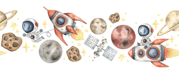 太空水彩手绘横向无缝图案，包含小宇航员、火箭、行星和星星。适合儿童的可爱卡通印刷，背景为白色。图片下载
