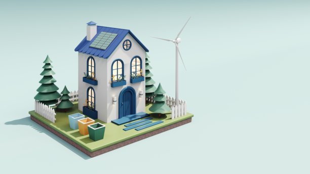 3D渲染：带太阳能电池板和风力涡轮机的温馨生态小屋图片下载