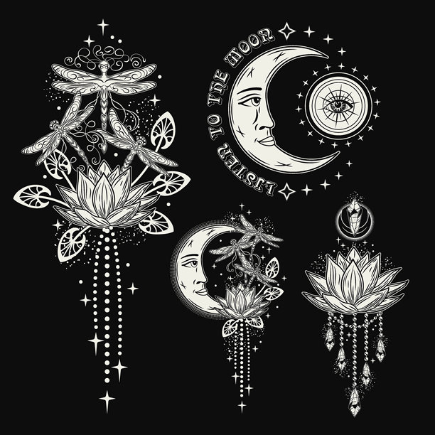 神秘标签，带有幻想蜻蜓、莲花、月亮和文字。黑色背景上的复古单色插图。适用于服装、服饰、T恤和表面装饰。图片下载