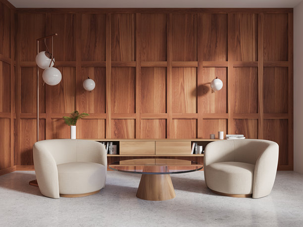 现代休息区，配有两把米色扶手椅和一张玻璃咖啡桌，背景是木质镶板墙，设计概念轻盈简约。3D渲染图图片下载