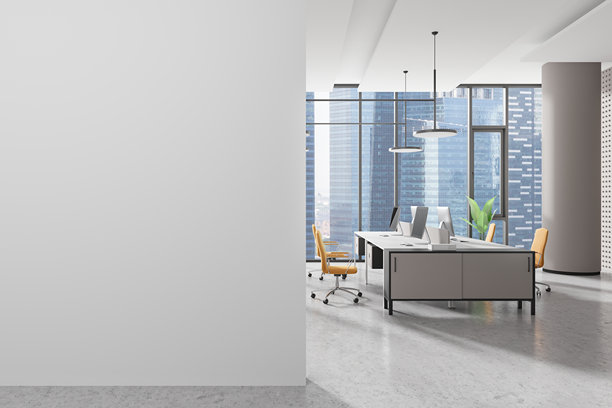 现代办公室内带城市景观的空白墙面模型。3D渲染。图片下载