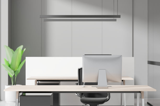 现代办公室工作空间，桌上有电脑，极简设计。3D渲染图片下载