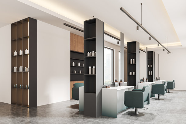 现代沙龙室内，配有扶手椅、配件架和窗户图片下载