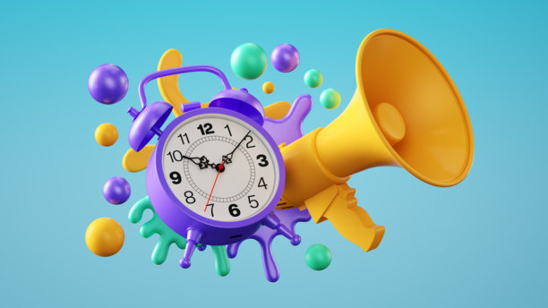 创意放大：油漆喷射形成圆形图案，搭配扩音器和旧闹钟，3D渲染图片下载