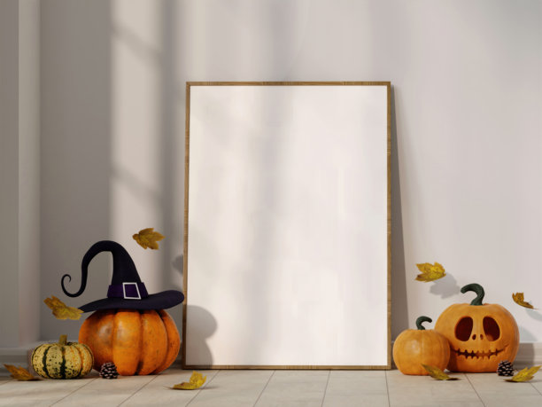 万圣节展示，带有女巫帽的南瓜和空白框架的3D渲染图片下载