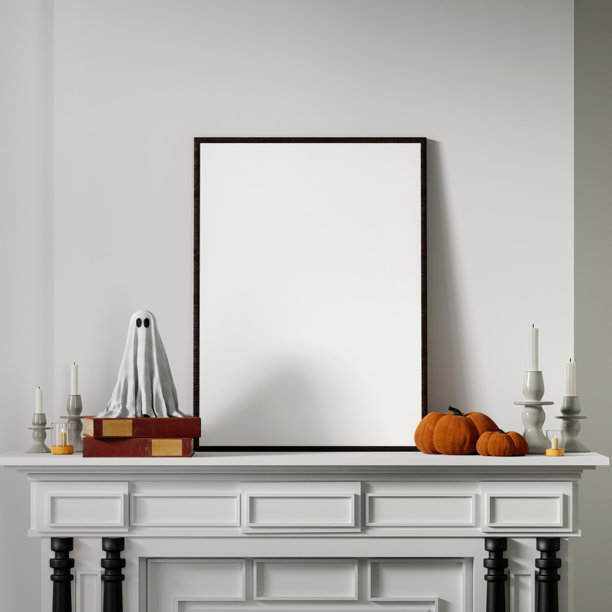 极简主义万圣节壁炉装饰，带有鬼魂和南瓜的3D渲染。图片下载