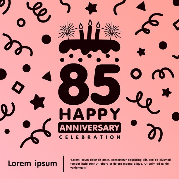 85周年庆典徽章。快乐的周年纪念标志，独立的生日蛋糕和蜡烛，配有五彩纸屑线条涂鸦，背景为粉色柔和色调。适用于网页、传单、海报和贺卡的矢量插图设计模板。图片下载