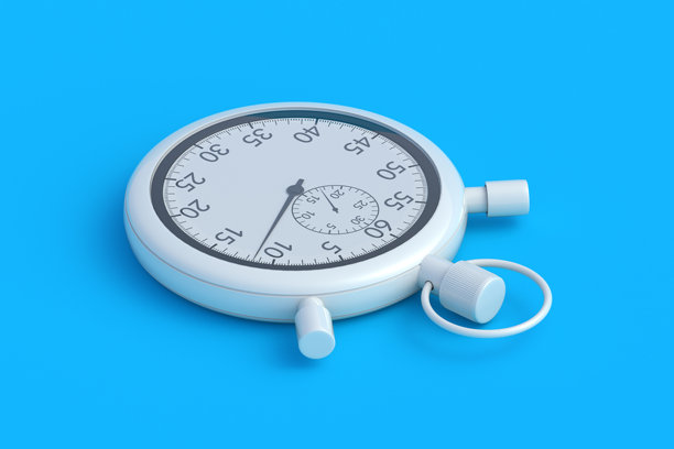 蓝色背景上的机械秒表。运动器材。复古计时器。时间计数器。3D渲染。图片下载