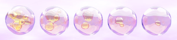 粉色液体滴状胶或胶原蛋白精华，孤立的3D渲染图标集。清晰的美容产品质地，带有金色气泡，化妆品护肤球体。面部和身体保湿精华球。图片下载