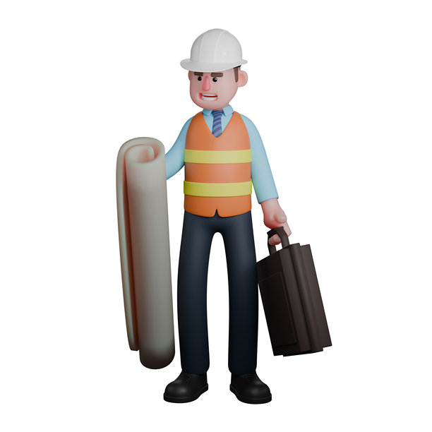 男性建筑师卡通插画，建筑师右手拿着蓝图，左手拿着公文包，3D建造风格图片下载